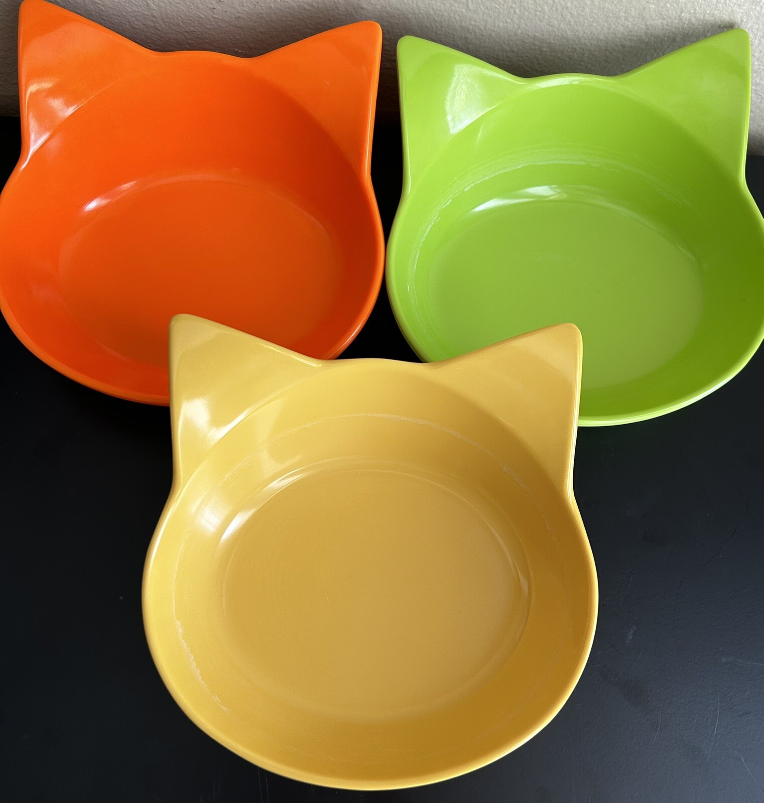 Halloween Kitty Cat Dishes Melamine - Set of 3 Orange Green Yellow