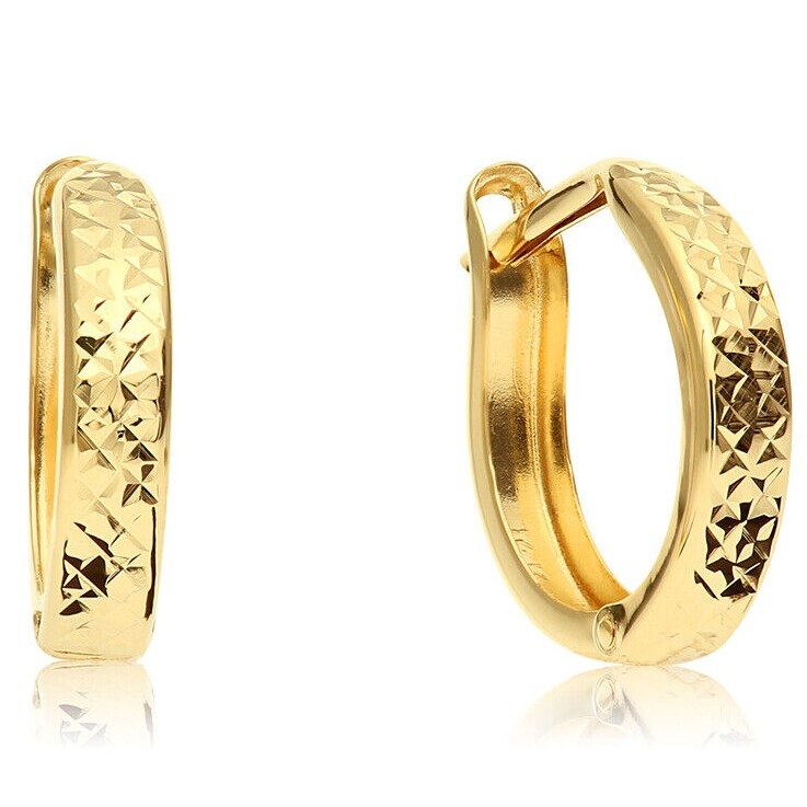 14K Real Solid Gold Round Diamond-Cut Huggie Hoop Earrings Small Size 12MM