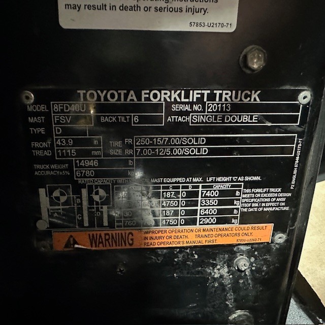 2020 Toyota 8FD40U 9000lb Diesel Used Forklift Triple Mast Sideshift 7860 Hours