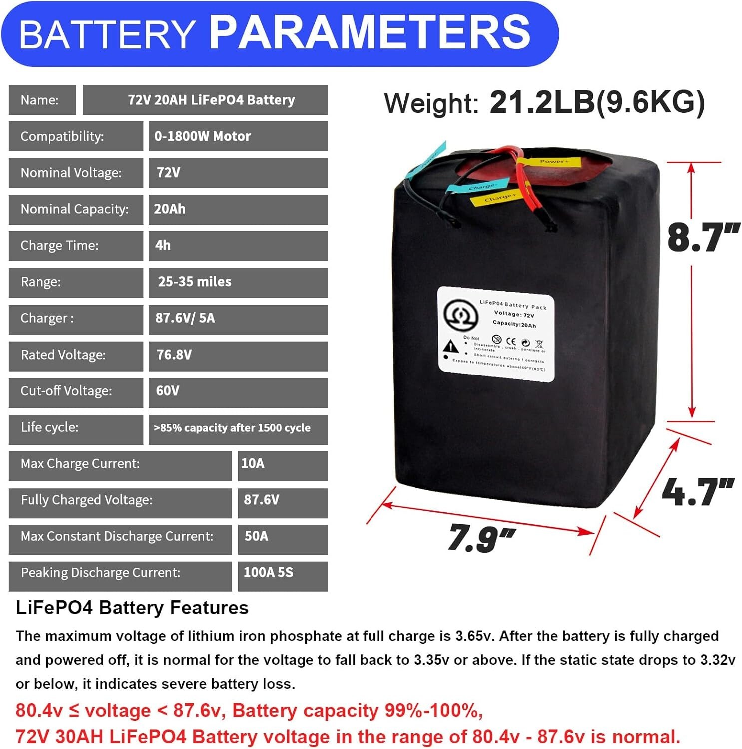 Btr 72V 20Ah LiFepo4 Lithium Battery Pack for 250W-1800W Electric Bike 50A BMS