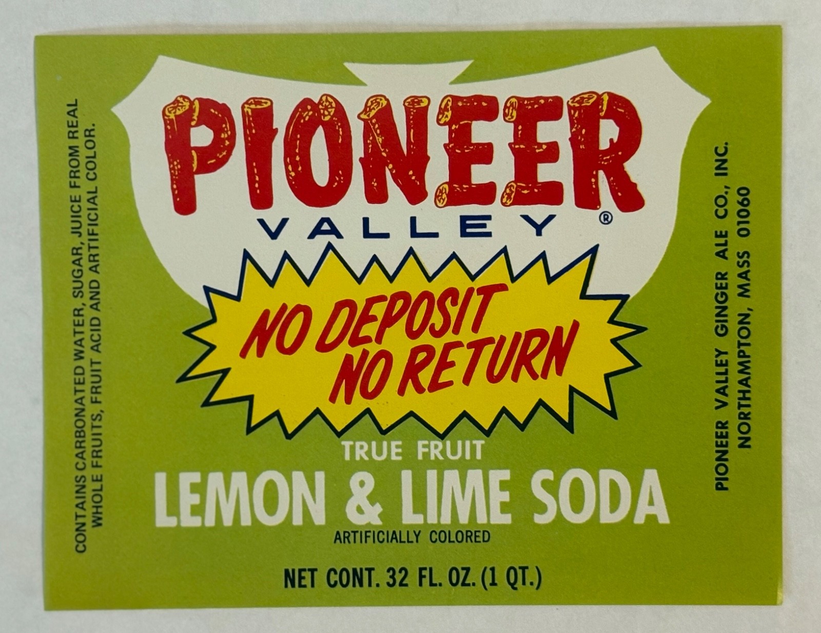 Original Pioneer Valley True Fruit Lemon & Lime Soda Label Northampton Mass New