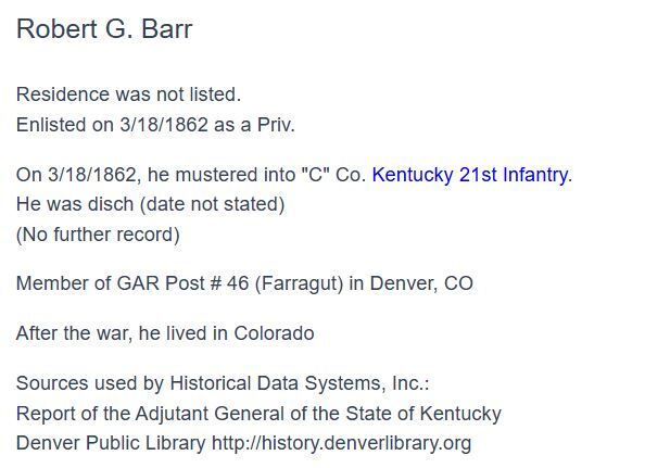 0227----1906 Robert G. Barr - Civil War Vet 21st Kentucky Inf suicide in Denver