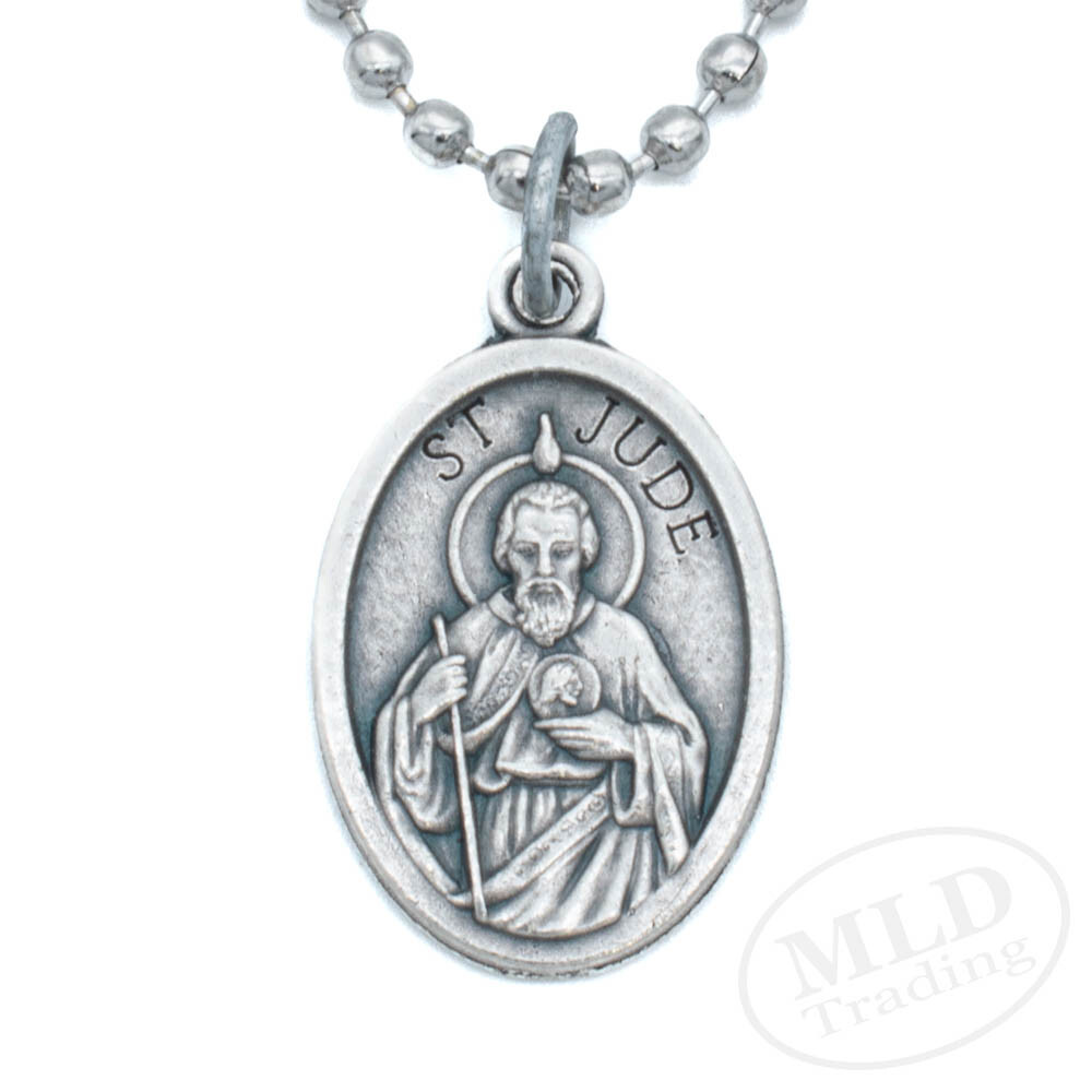 Saint St Jude Medal Pendant Necklace - Zinc Alloy, Made in Italy, 1" w 24" Chain