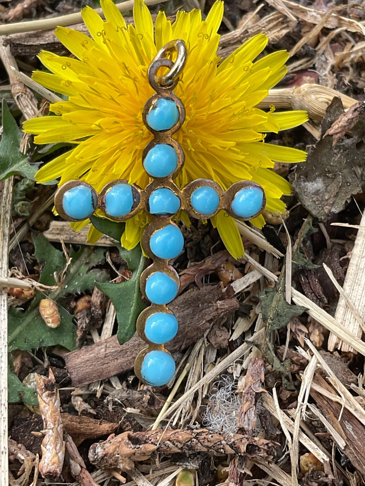 French Antq. Silver~Gold Plate~Sky Blue Glass Enameled Drops Cross~Tres Chic