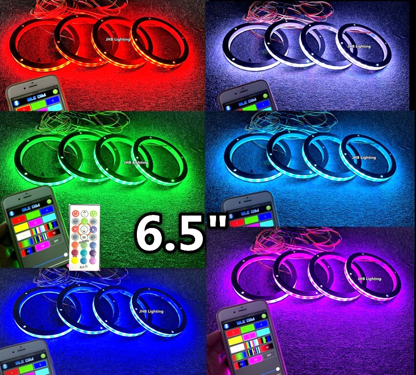 Set (4) 6.5" RGB LED Remote+APP 1/2"Spacer Sound Subs Audio Speaker Rings Lights