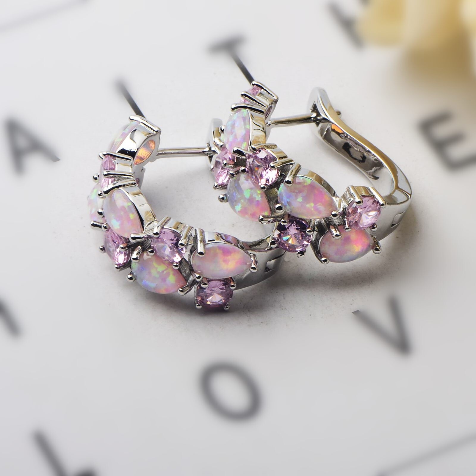 Hawaii Water Drople PInk Fire Opal Earrings Silver Filled For Women Girls