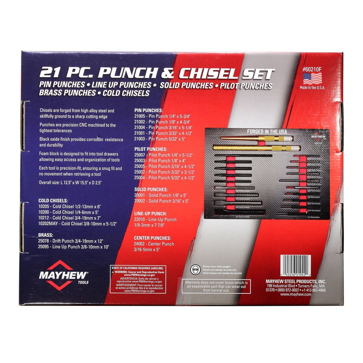 Mayhew 21pc Punch and Chisel Set 60210F w Foam Block Pilot Pin Solid Made in USA