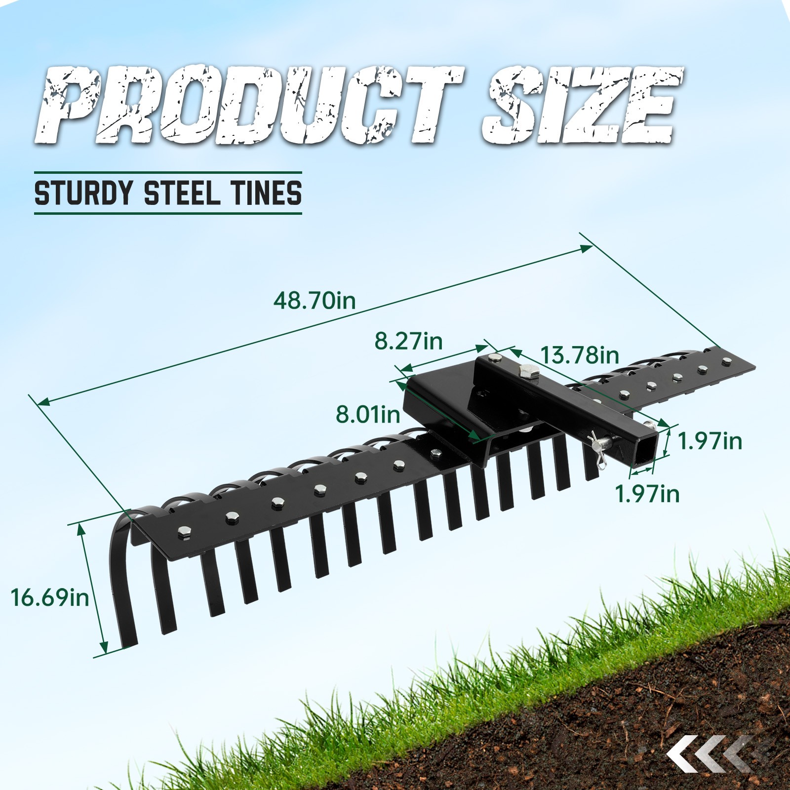 48" Landscape Rake Pine Straw Rake Rock Rake Fits 2" Receiver ATV/UTV Tractors