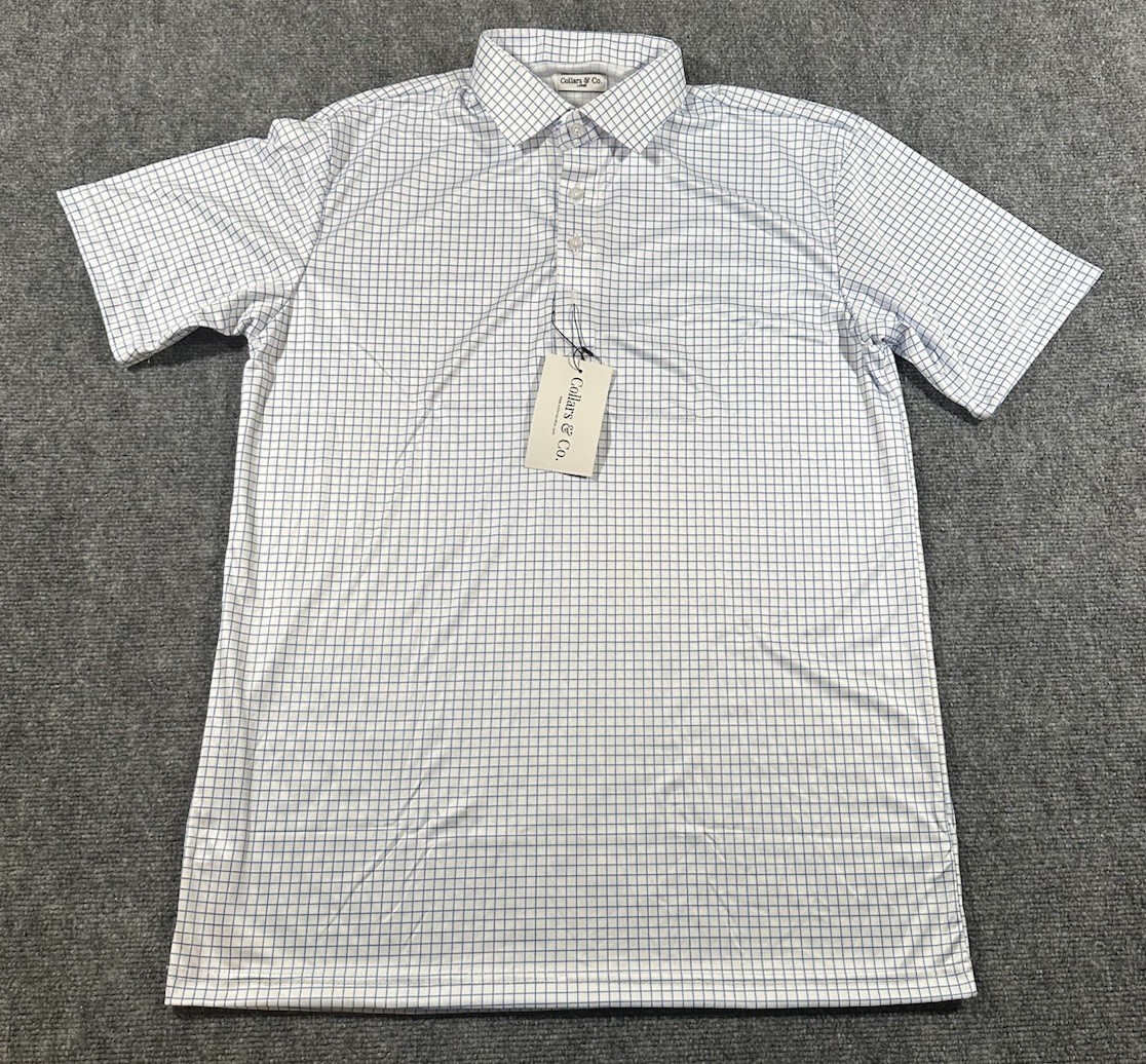 NWT Collars and Co Dress Collar Polo Shirt Men L Graph Checker Plaid Blue White
