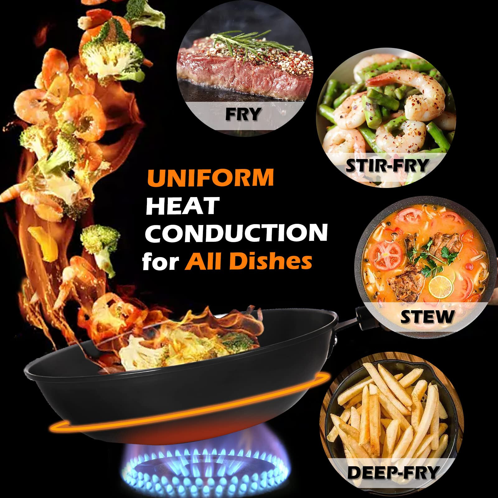 Carbon Steel Wok Pan with Lid Spatula Nitrided Nonstick Anti-rust for All Stoves