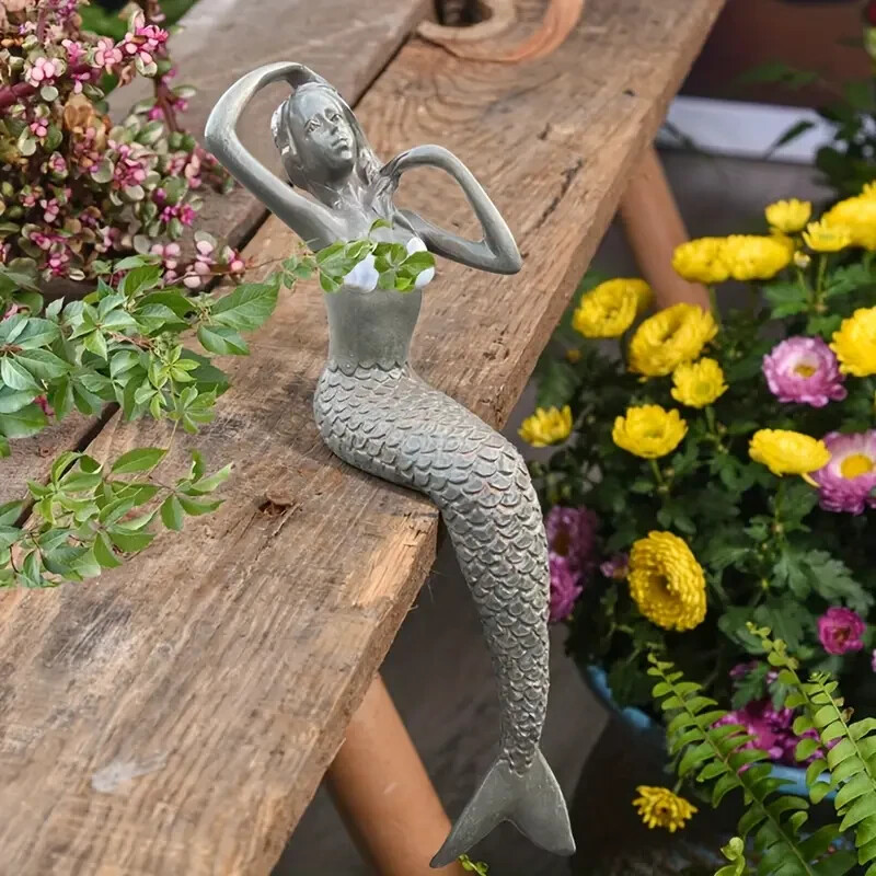 NEW 8" Vintage Silver Style Shelltop Mermaid Sits Resin Figurine Sculpture 8x2.4