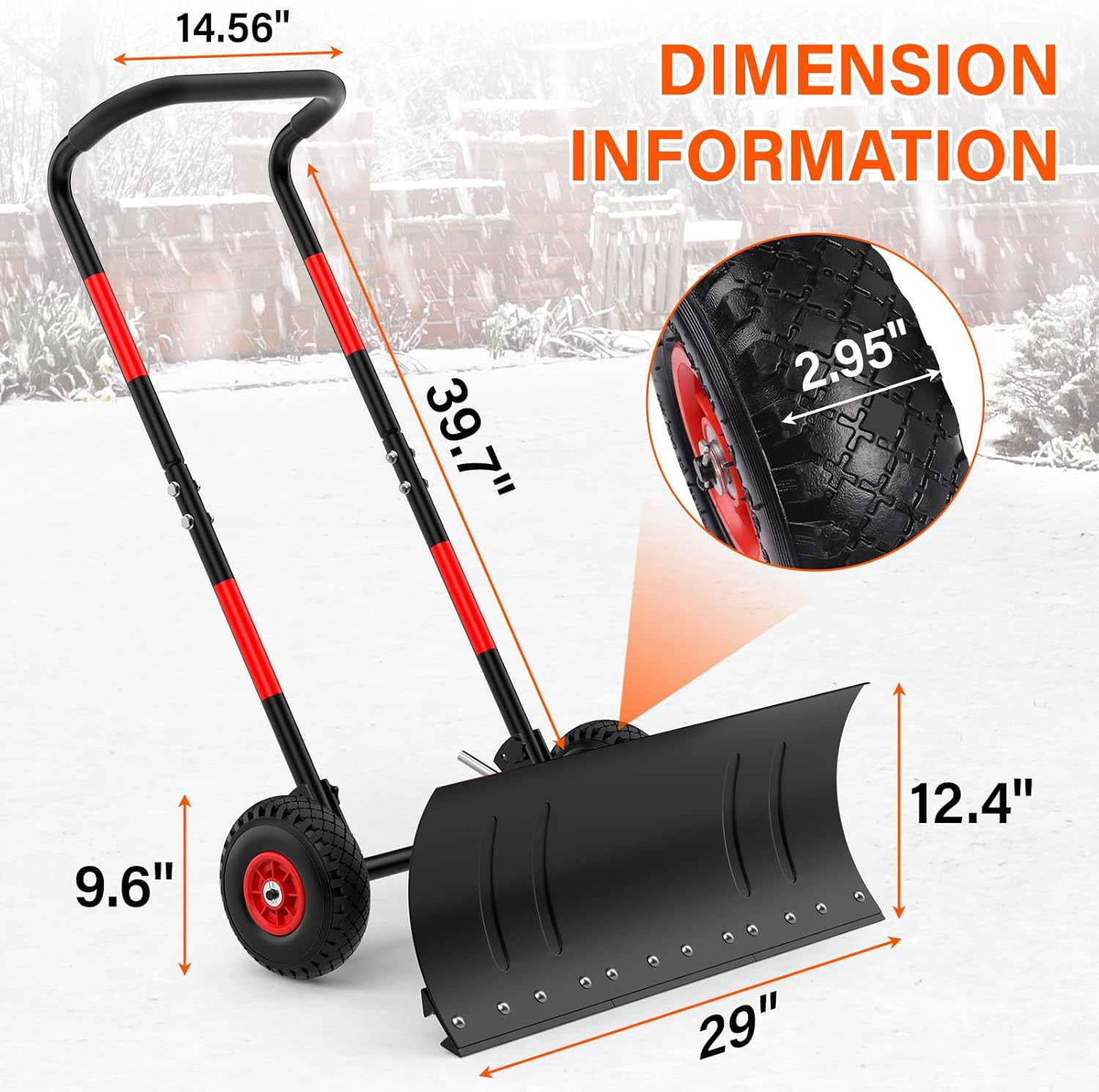 Snow Shovel with Wheels,Heavy Duty Steel Snow Shovel Pusher for Driveways,Sidewa