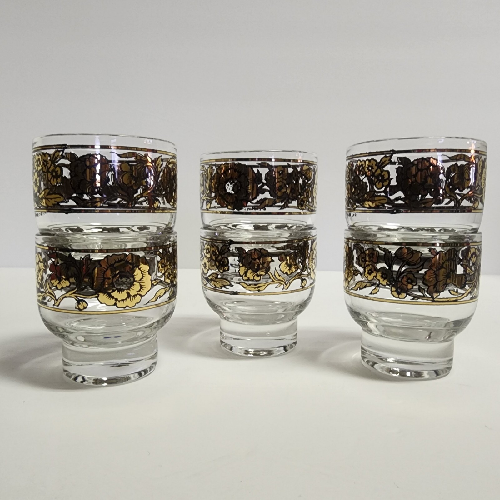 6 Early Culver Gold and Black Rare Chantilly Pattern Footed Cocktail Glasses 50s