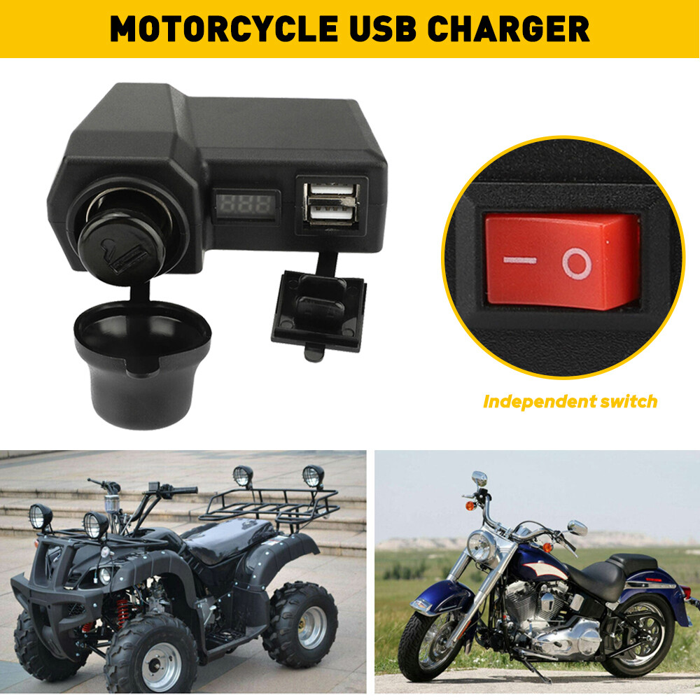 Motorcycle Handlebar Cigarette Lighter Socket Dual Charger USB W/ LED Voltmeter