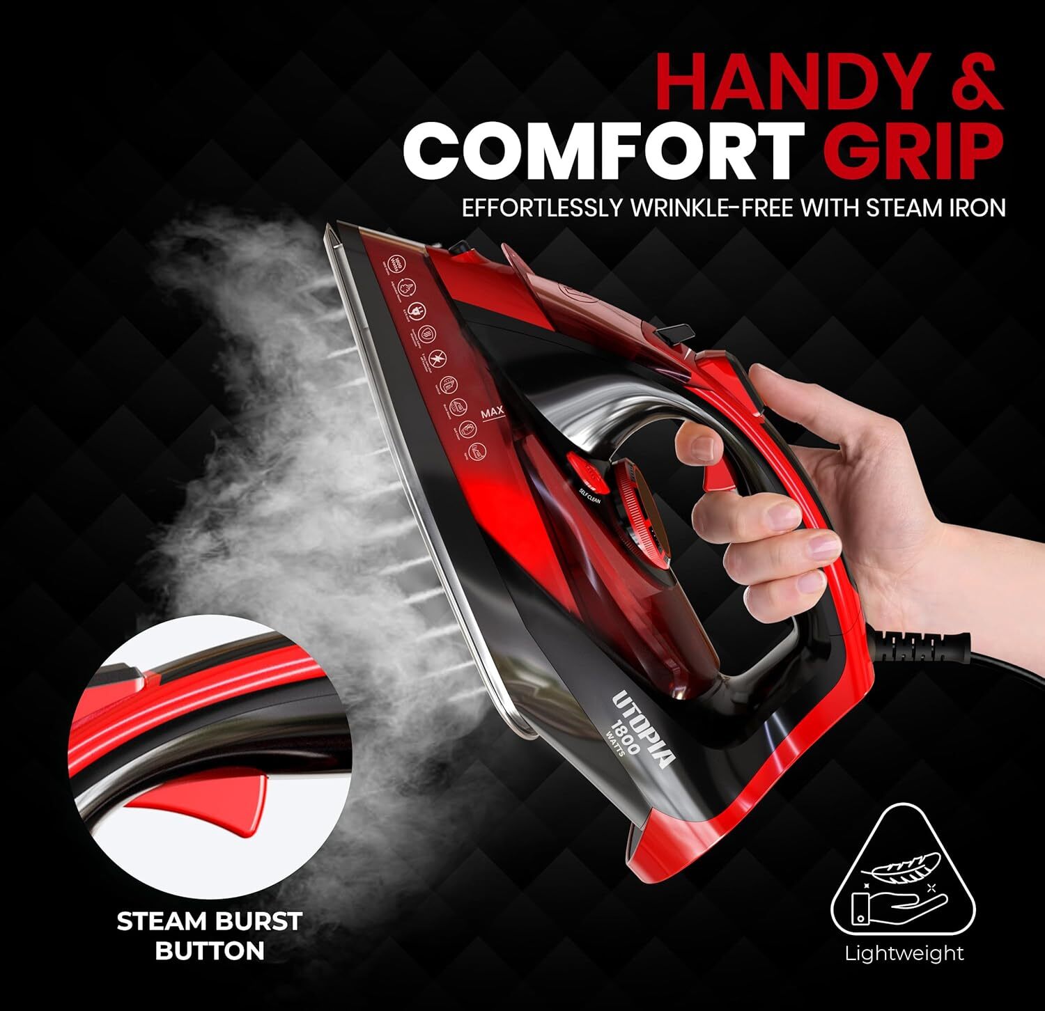 Steam Iron for Clothes - Non-Stick Soleplate - 1800W Clothes Iron