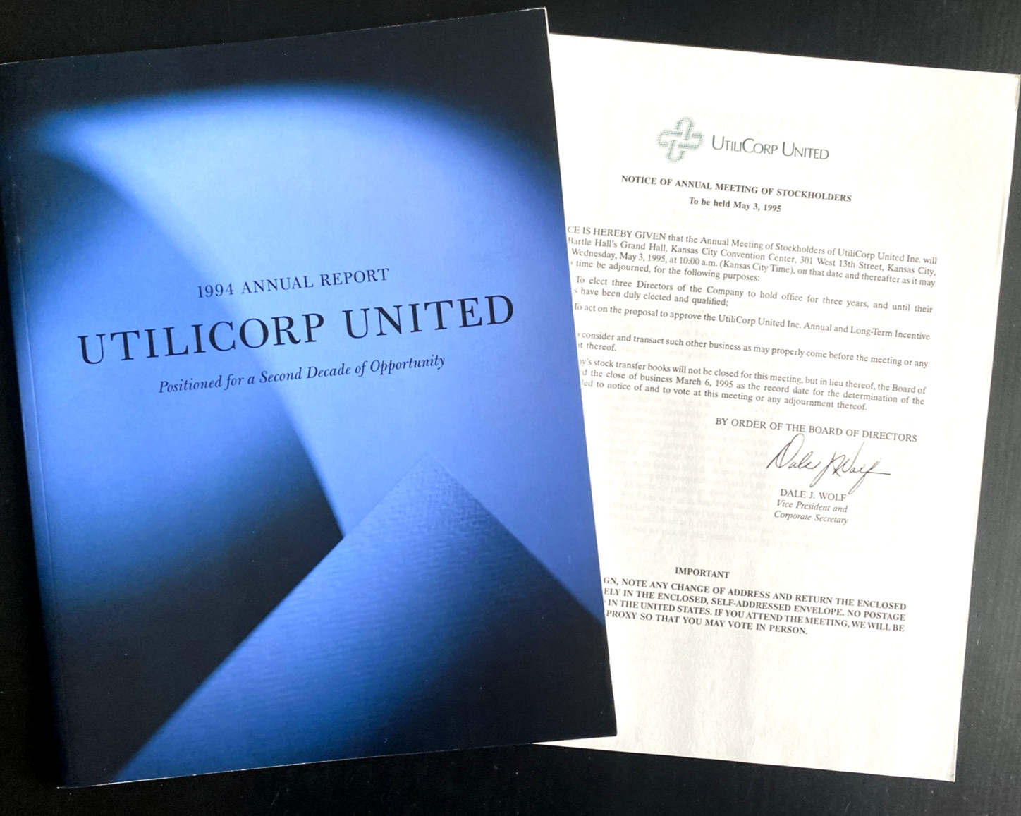 Vtg 1994 Annual Report & Proxy Utilicorp United (Aquila) Kansas City, Mo 56 pgs