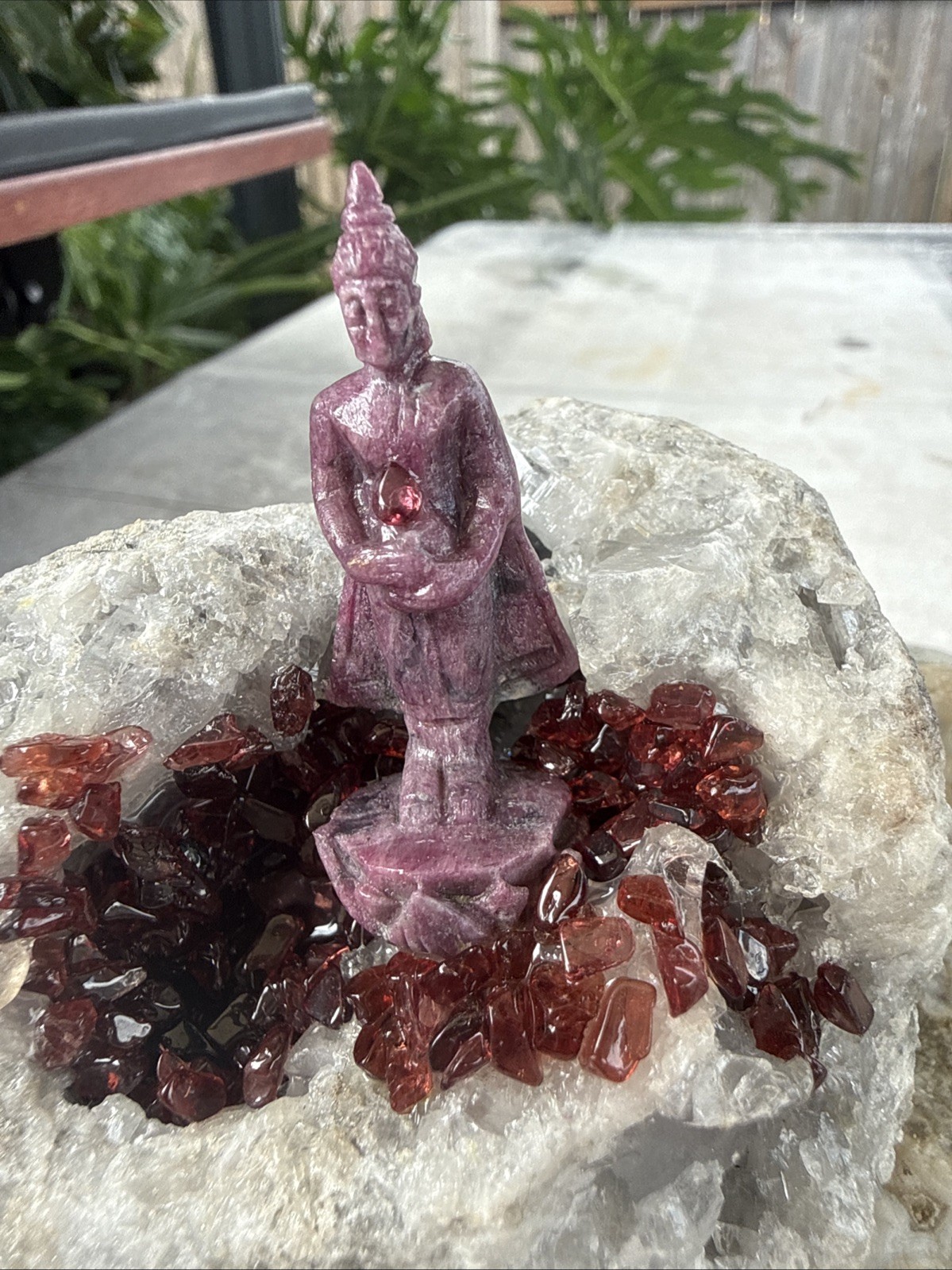 Carved Ruby Buhda On Ocean Jasper Faced Rough, Incredible Orbs Red Crystals 6”