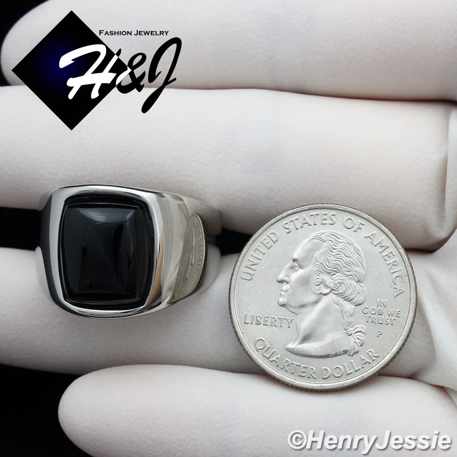 MEN's Stainless Steel Rectangle Black Onyx Silver Ring Size 8-13*TR110