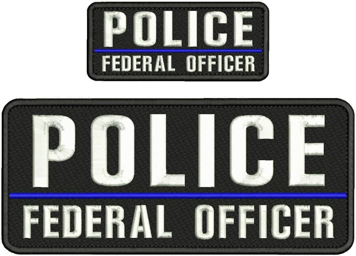 POLICE FEDERAL OFFICER EMBROIDERY PATCH 4X10 & 2X5 VELCR@ ON BACK WHITE ON BLACK
