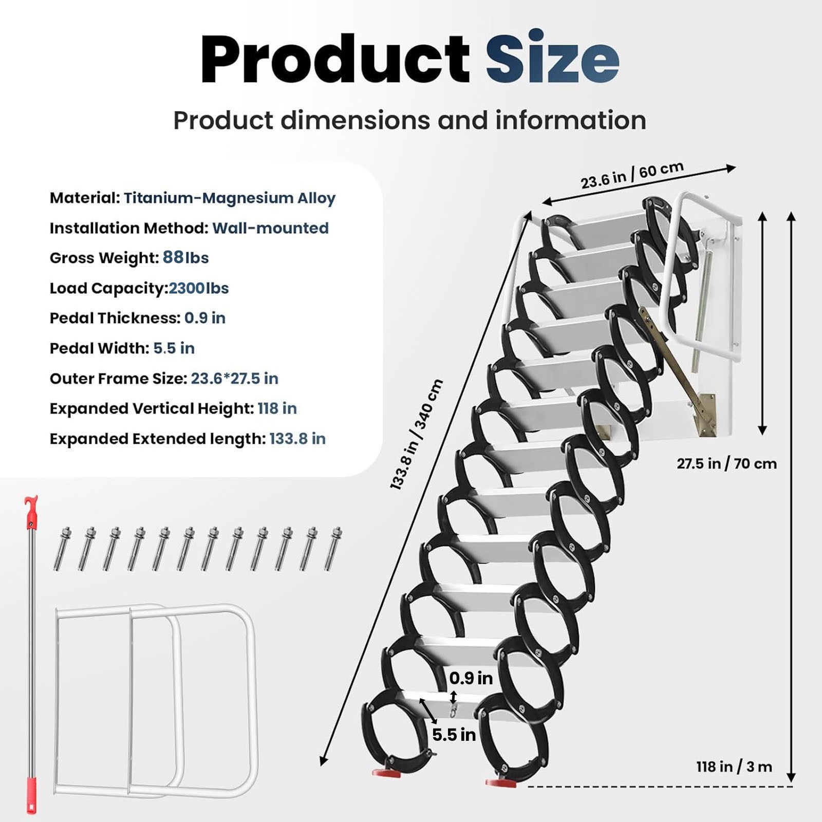 2300 lbs Attic Ladder 10 ft Wall-Mounted Loft Access Staircase Pull Down System