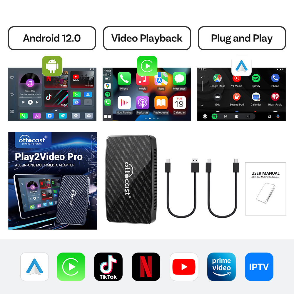 Ottocast Play2Video Pro - 3in1 Wireless CarPlay/Android Auto+Streaming