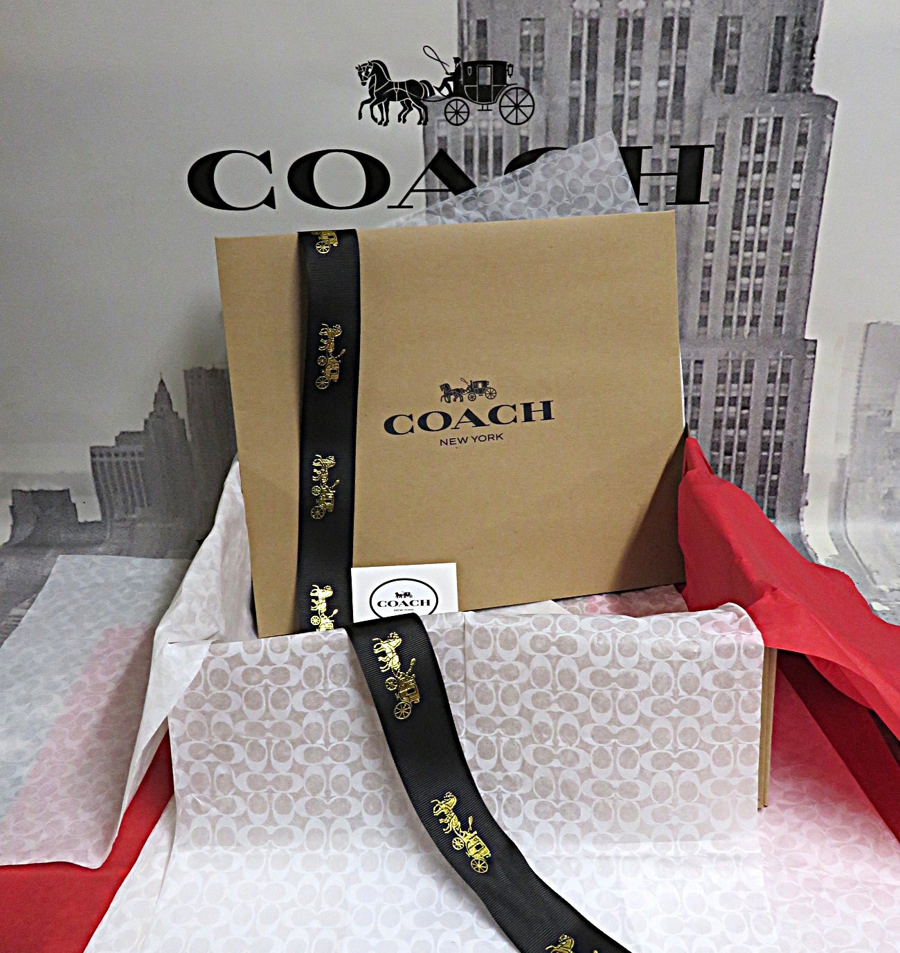 NEW 1 Med Coach Gift Box w/ Tissue~Sticker~3.5' Black Ribbon~10.5 x12.5 x4.5