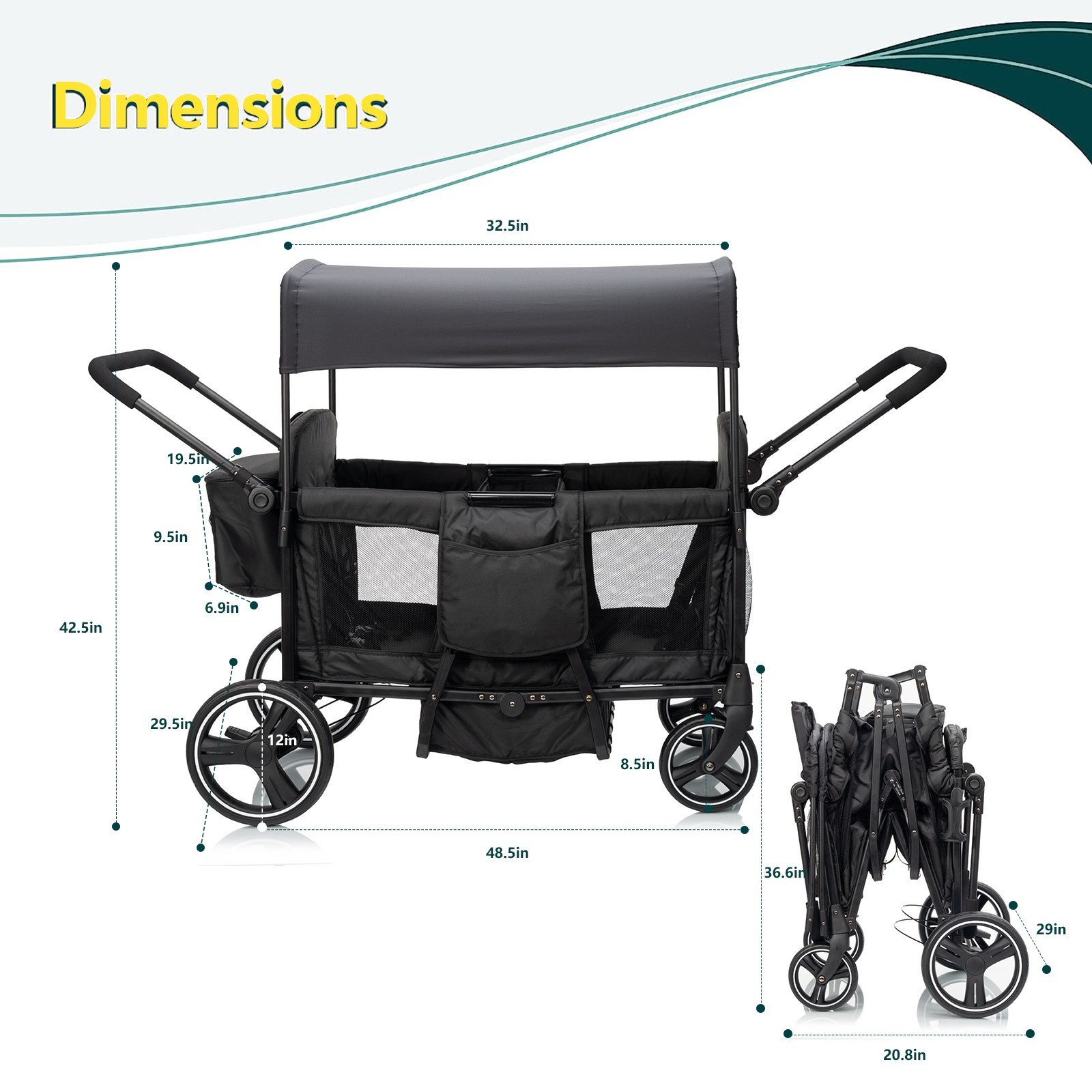 Wagon Stroller for 4 kids Lightweight folding baby stroller&with Mom's bag Black