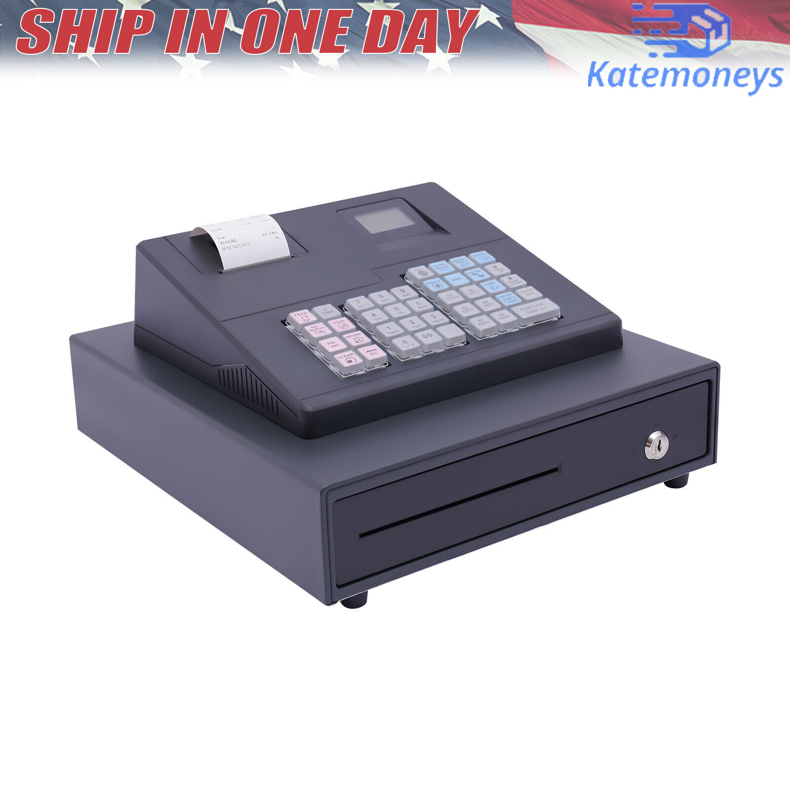 38 Keys Electronic Cash Register Black Thermal Cash Register with Cash Drawer