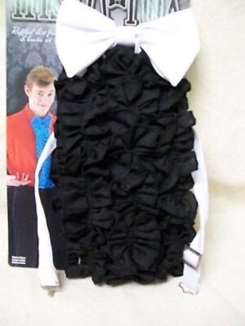 Instant Tux Black Ruffled Fake Shirt Front White Bow Tie 80s Prom Wedding Dickie