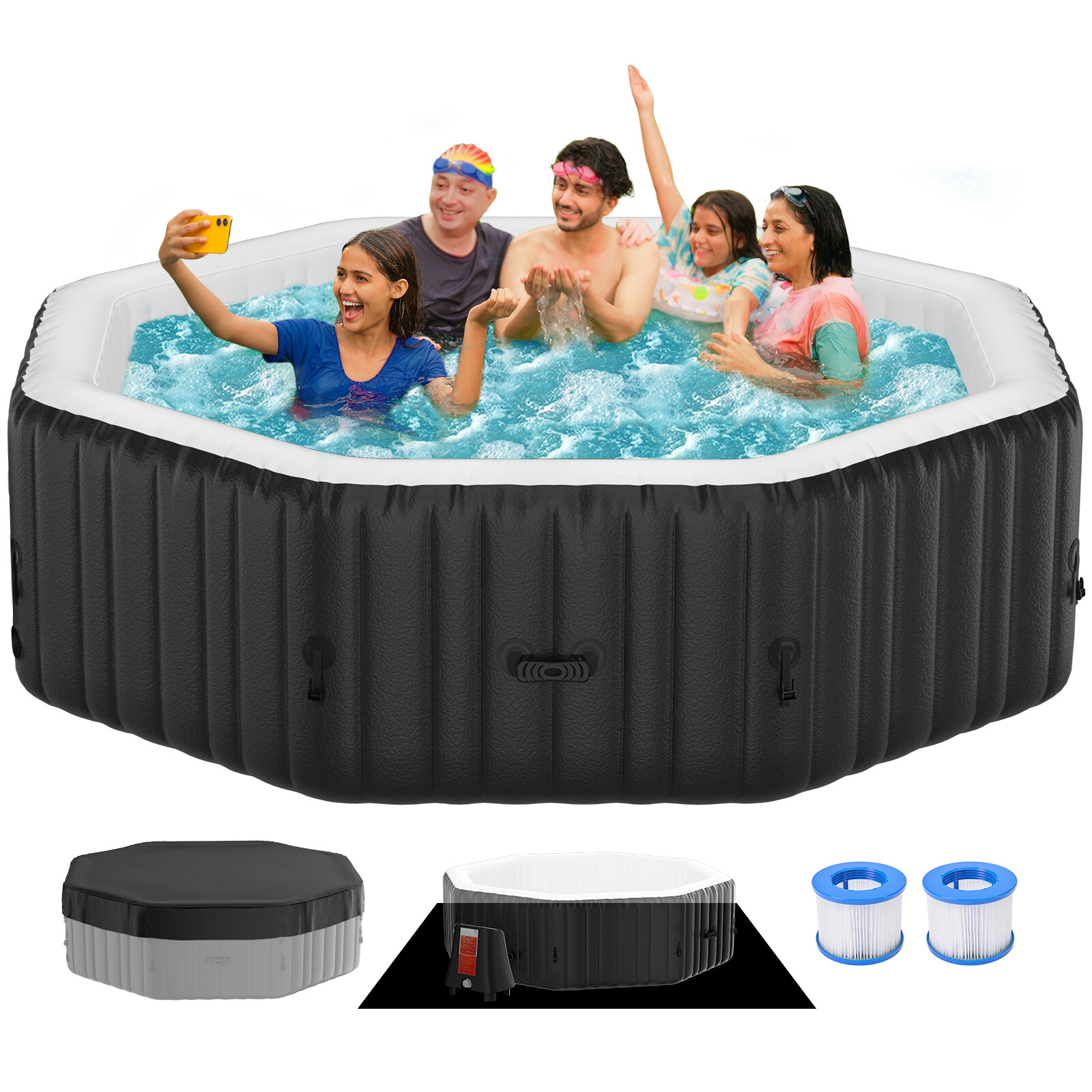 SLSY Octagon 6 Person Inflatable Hot Tub Spa with 130AirJets and Insulated Cover