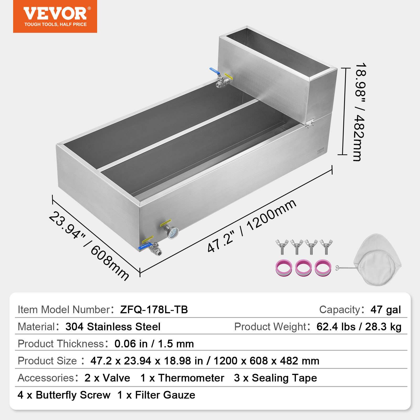 VEVOR 24x48x19 Maple Syrup Evaporator Pan Stainless with Valves and Thermometer