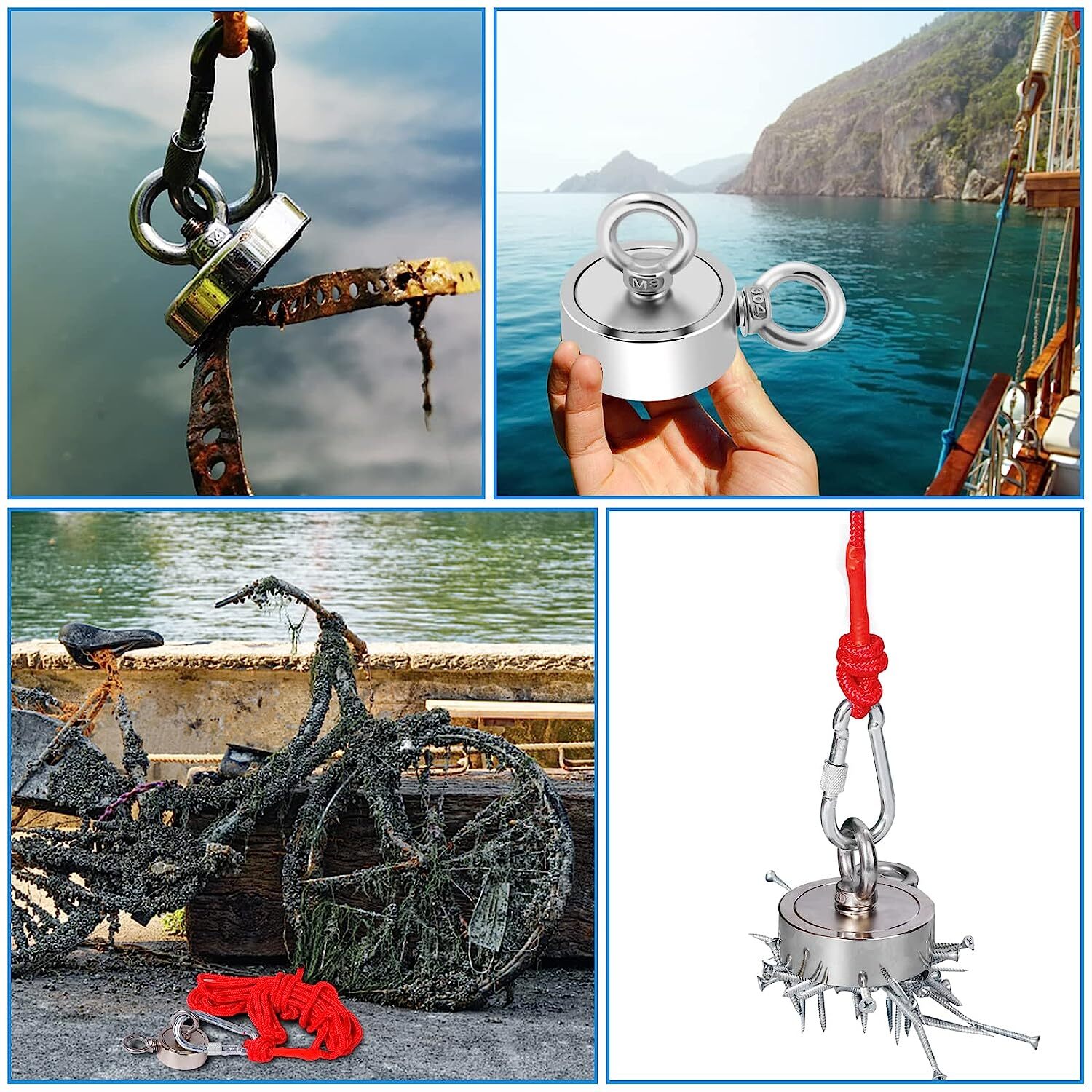 Fishing Magnet Kit Up to 1800 Lbs Pull Force Strong Neodymium + Carabiner + Rope