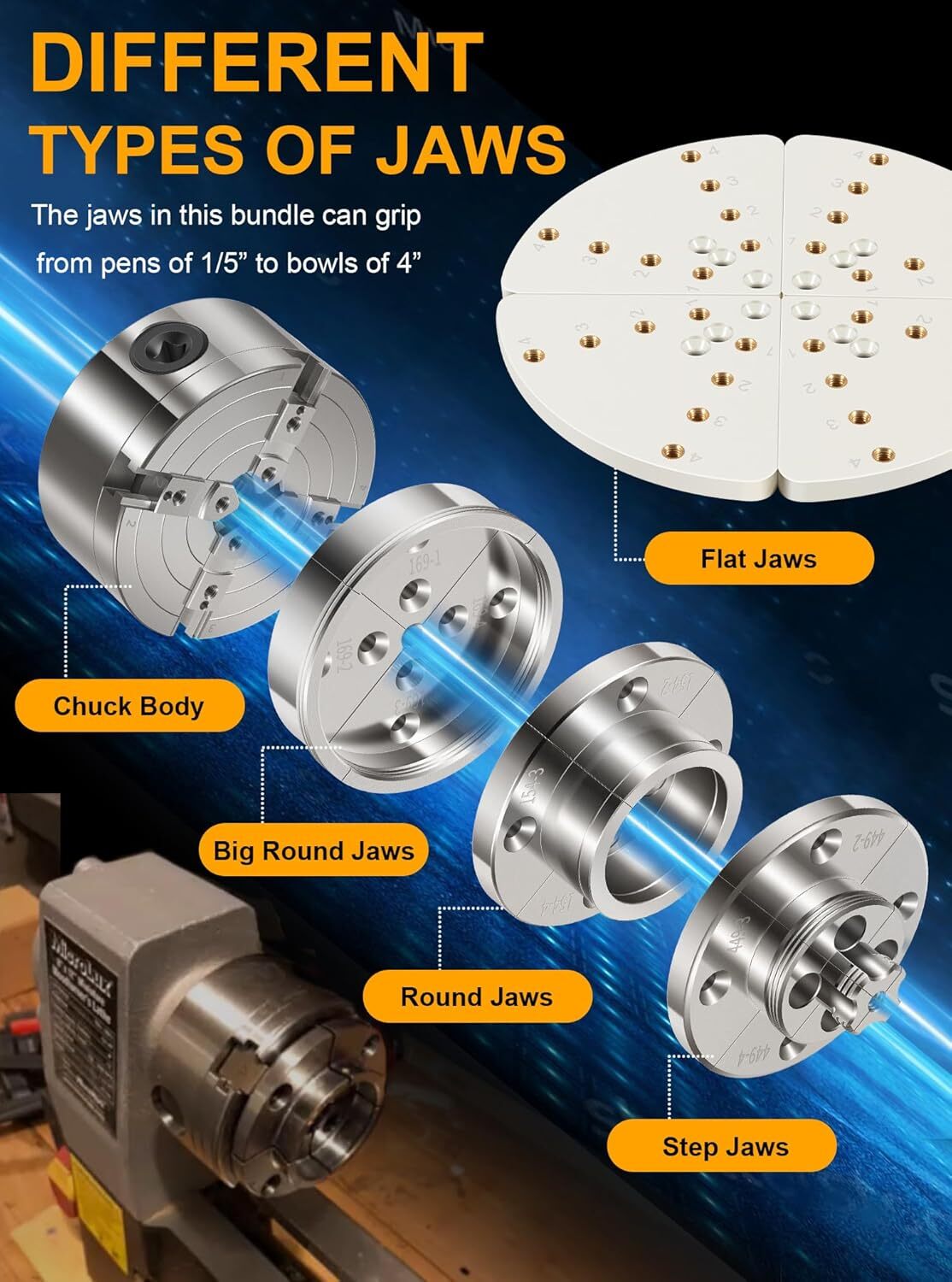 4 Inch Wood Lathe Chuck Set 1" x 8 tpi Thread Self Centering 4 Jaw Wood Turning