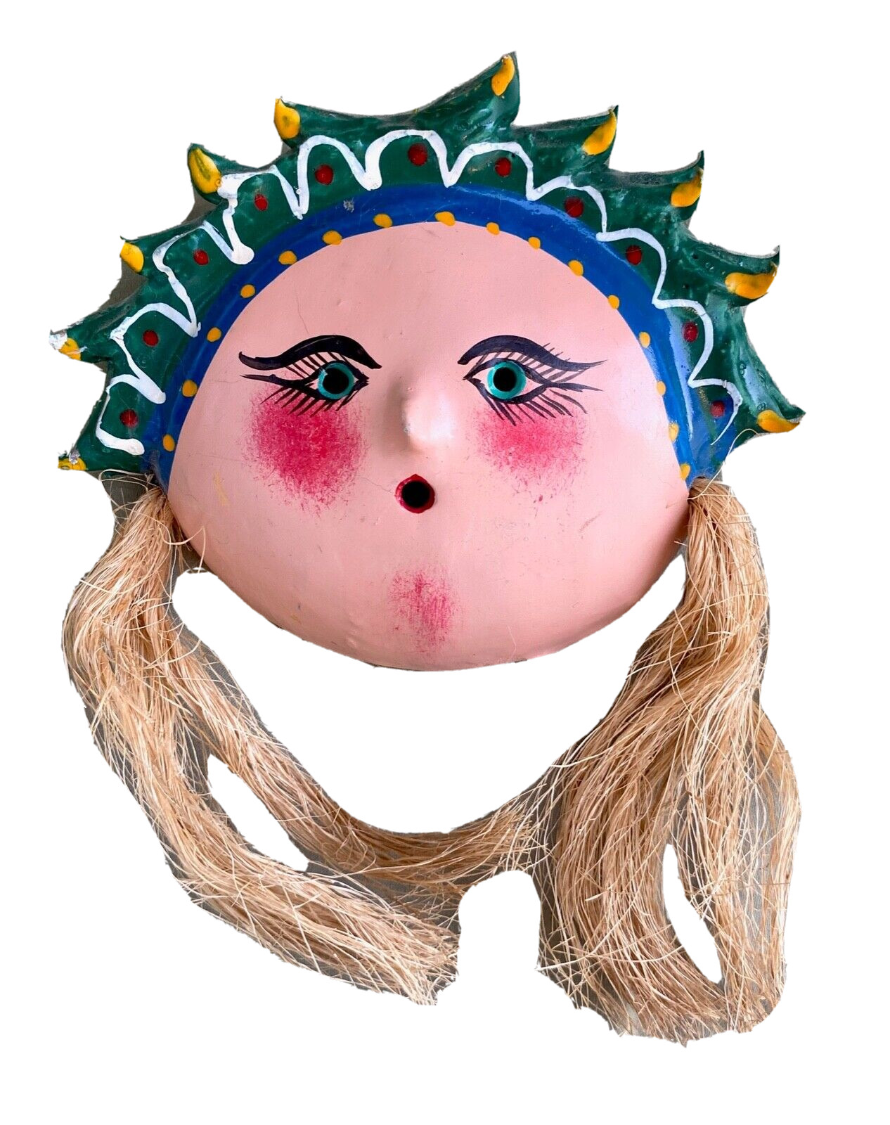 Vintage Hand Painted Folk Art Coconut Shell & Seed Pod Mask, Mexico