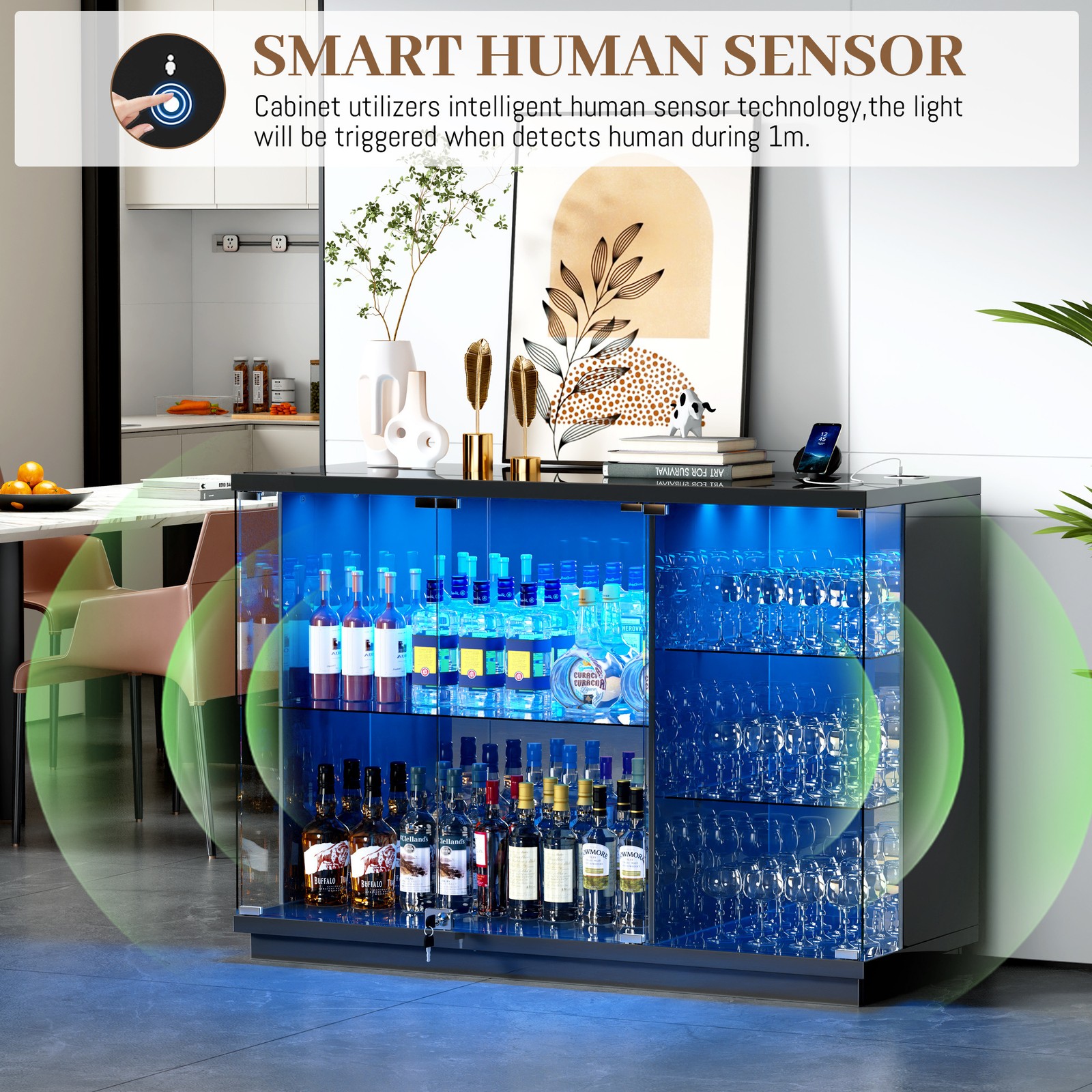 Black Glass Display Case with LED Light for Collectibles, Lockable Curio Cabinet