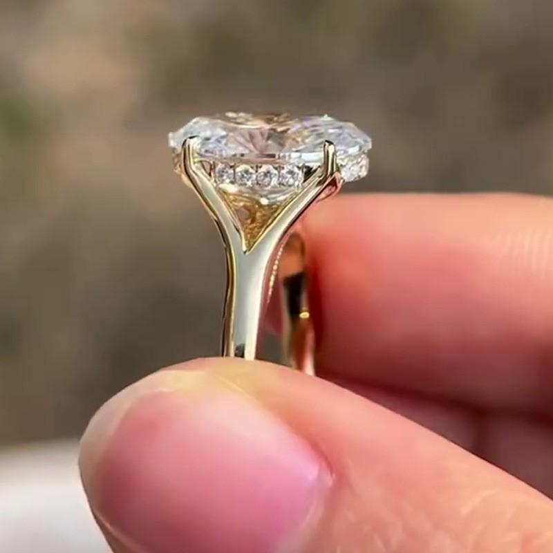 3.57 CTW Oval Cut Moissanite Hidden Halo Engagement Ring 14K Yellow Gold Plated