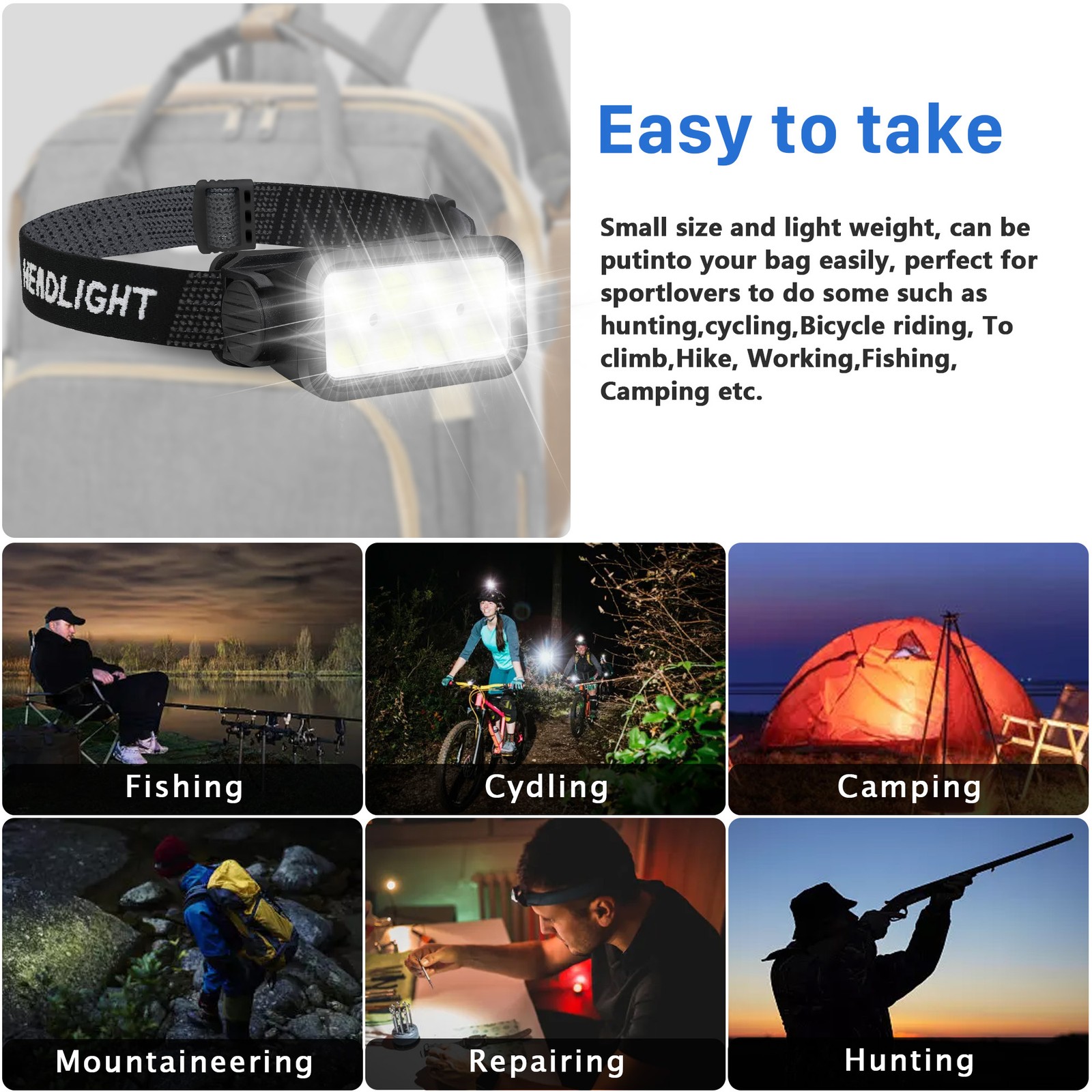 COB LED Headlamp USB Rechargeable Headlight Torch Work Light Bar Head Band Lamp