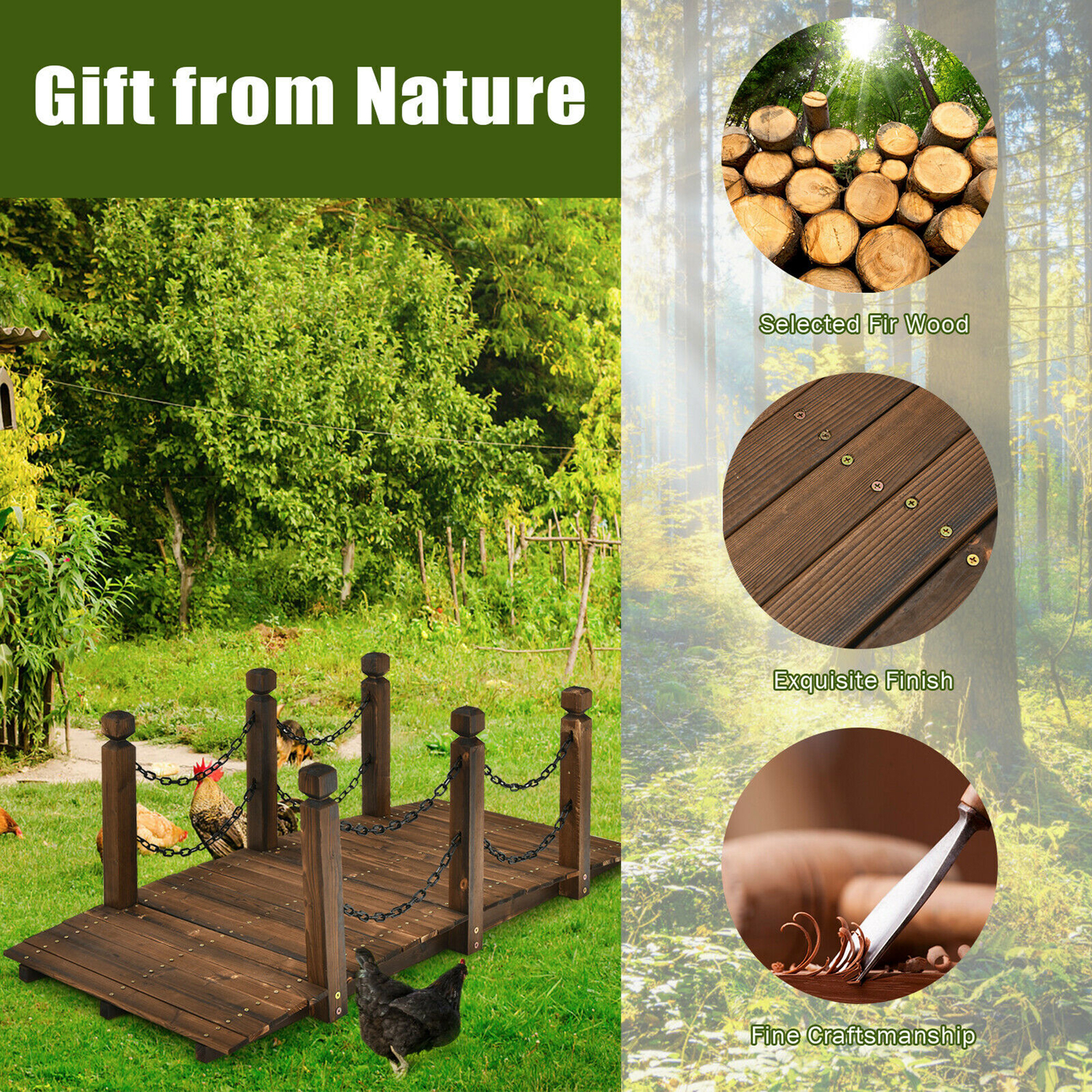 5 ft Wooden Garden Bridge Arc Footbridge Stained Finish Walkway w/Rails