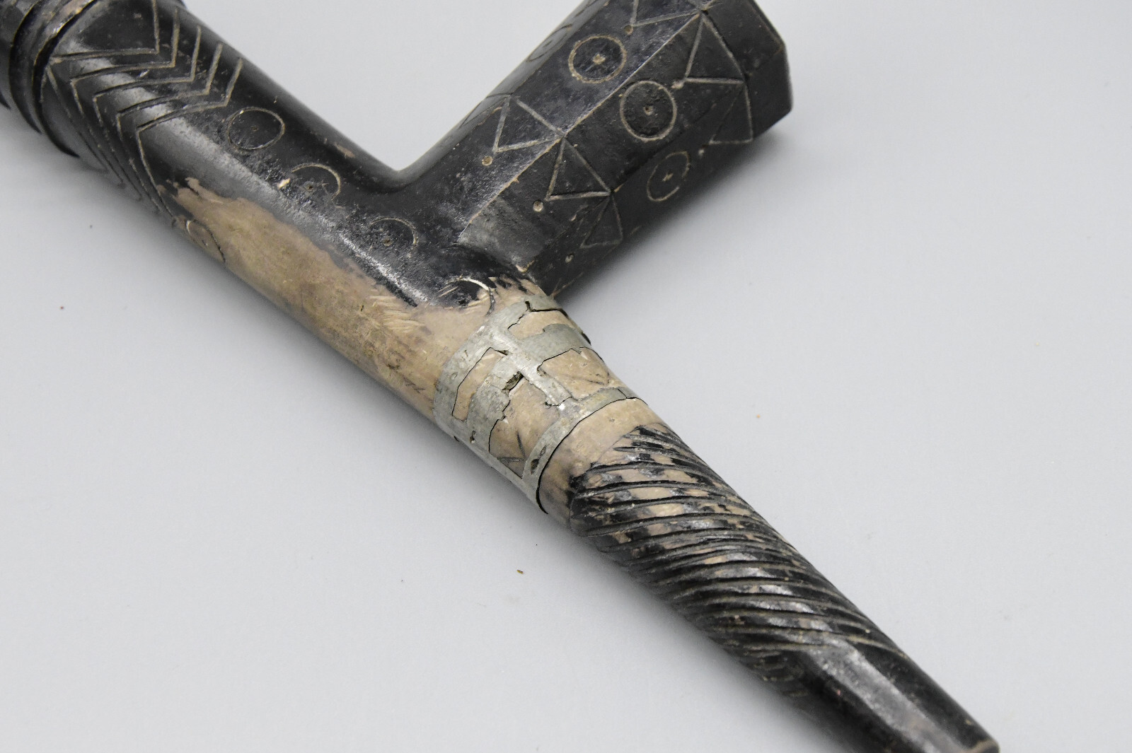 25" Blackfoot Steatite Pipe with Wood Stem Pipe has Repair Done