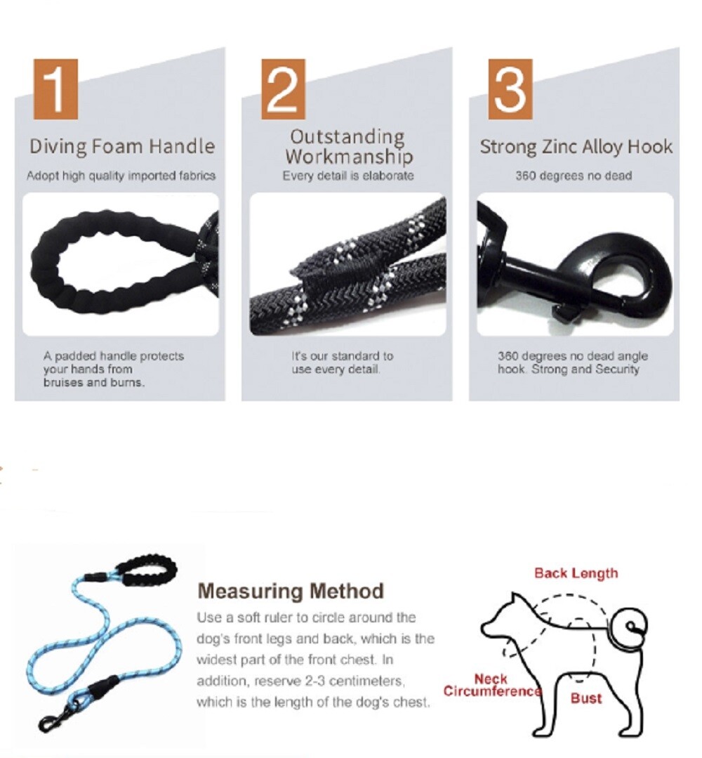 5 FT Dog Rope Leash - Reflective Nylon Lead, Training Padded Handle for Puppies