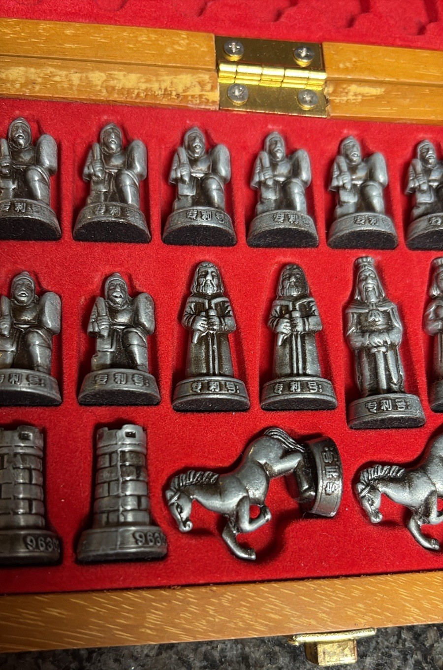 Chess Travel Hinged Wood Board Metal Bronze Silver Pieces Set Small Mini