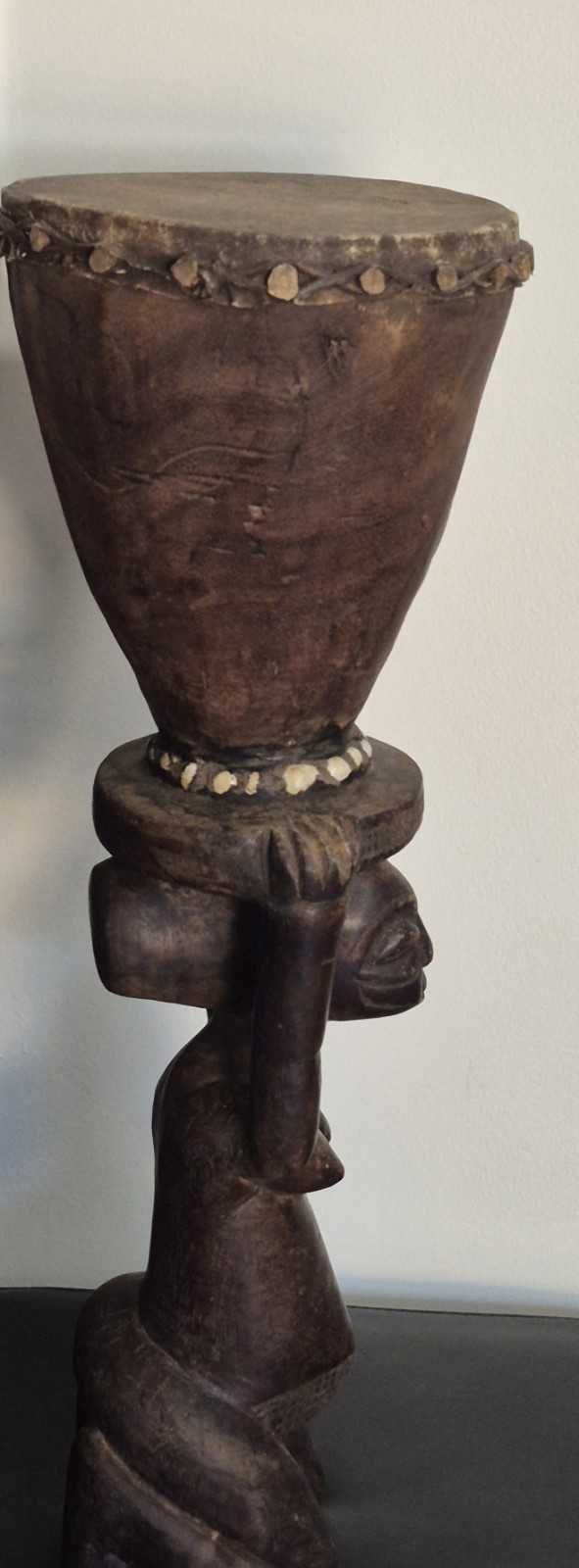 African Luba Female Wood Statue With Drum 21"H 7.5"W