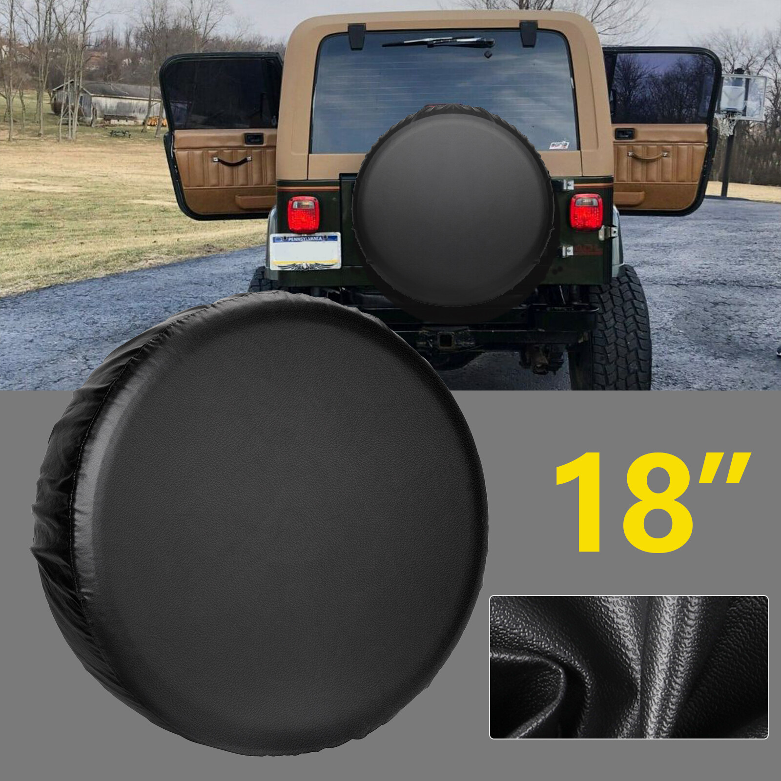 18inch Spare Tire Cover For Jeep WRANGLER Black Leather Tire Cover 33"- 35"