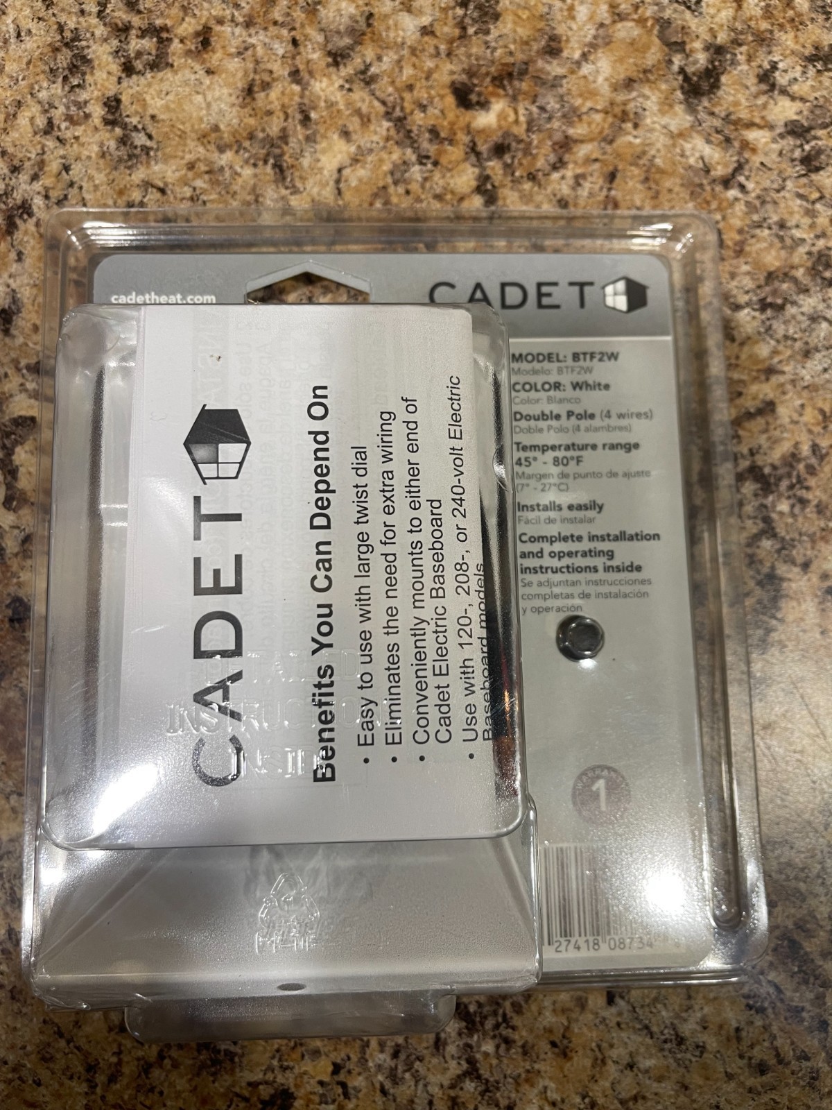 Cadet 08734 White Double-Pole Built-In Thermostat Baseboard BTF2W