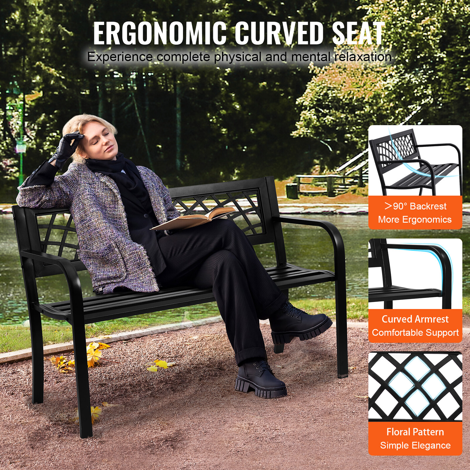 VEVOR Outdoor Bench 46 in Metal Garden Bench 480 lbs Park Patio Yard Porch Bench