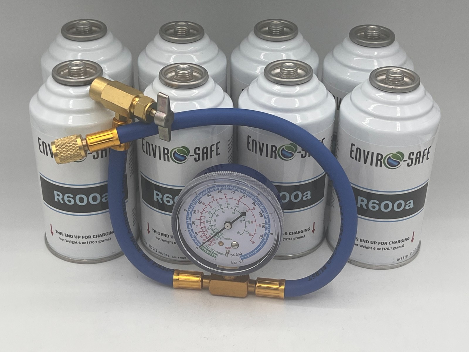 Enviro-Safe R-600a Refrigerant Inverted Piercing 6 oz 8 Cans and Brass Gauge
