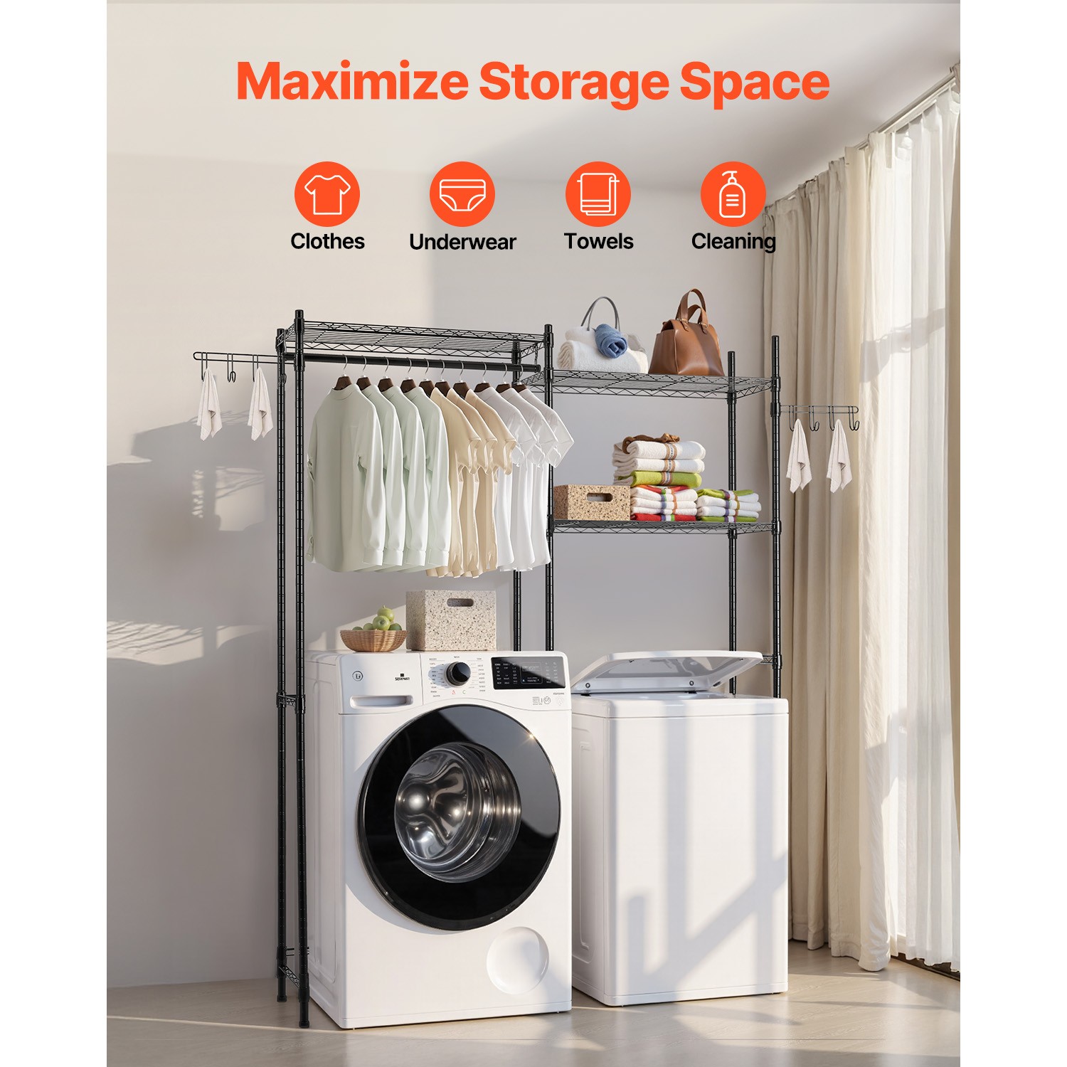 Over Washer and Dryer Storage Shelf Two Row 5 Tiers Washer Rack Black