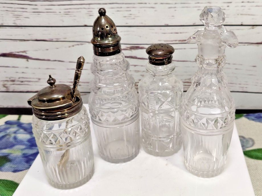 Antique Victorian Era Sliver Plated Four Cut Crystal Bottles Cruet Set