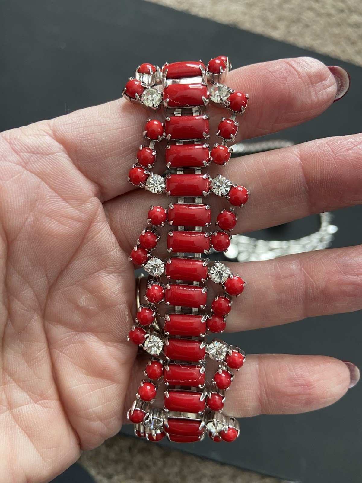 Vintage By Gale Demi Parure Deep Red Rhinestone Choker Bracelet Clip Earrings