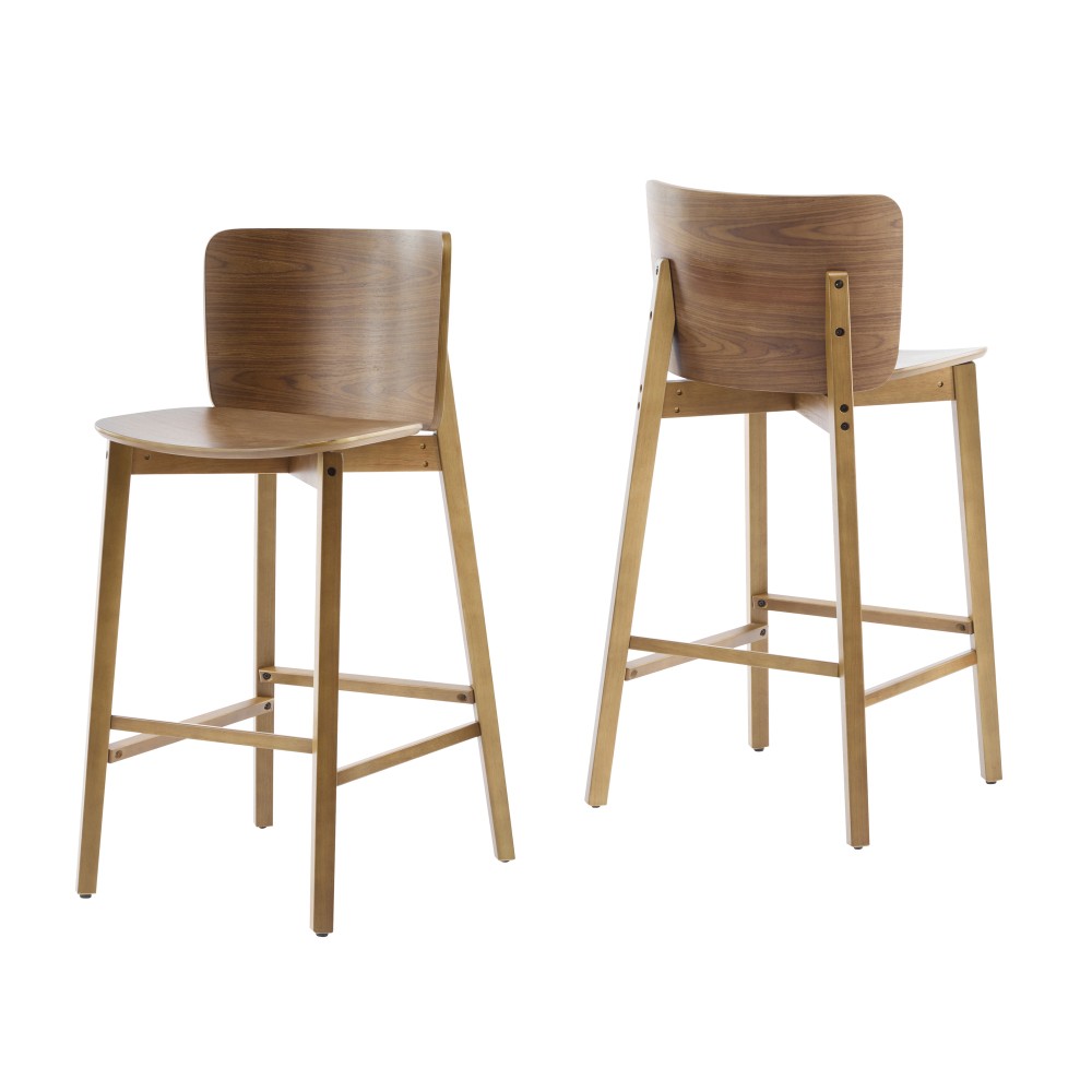Bar Stools Set of 2, Walnut Brown Ergonomic Bentwood Back Kitchen Island Stools